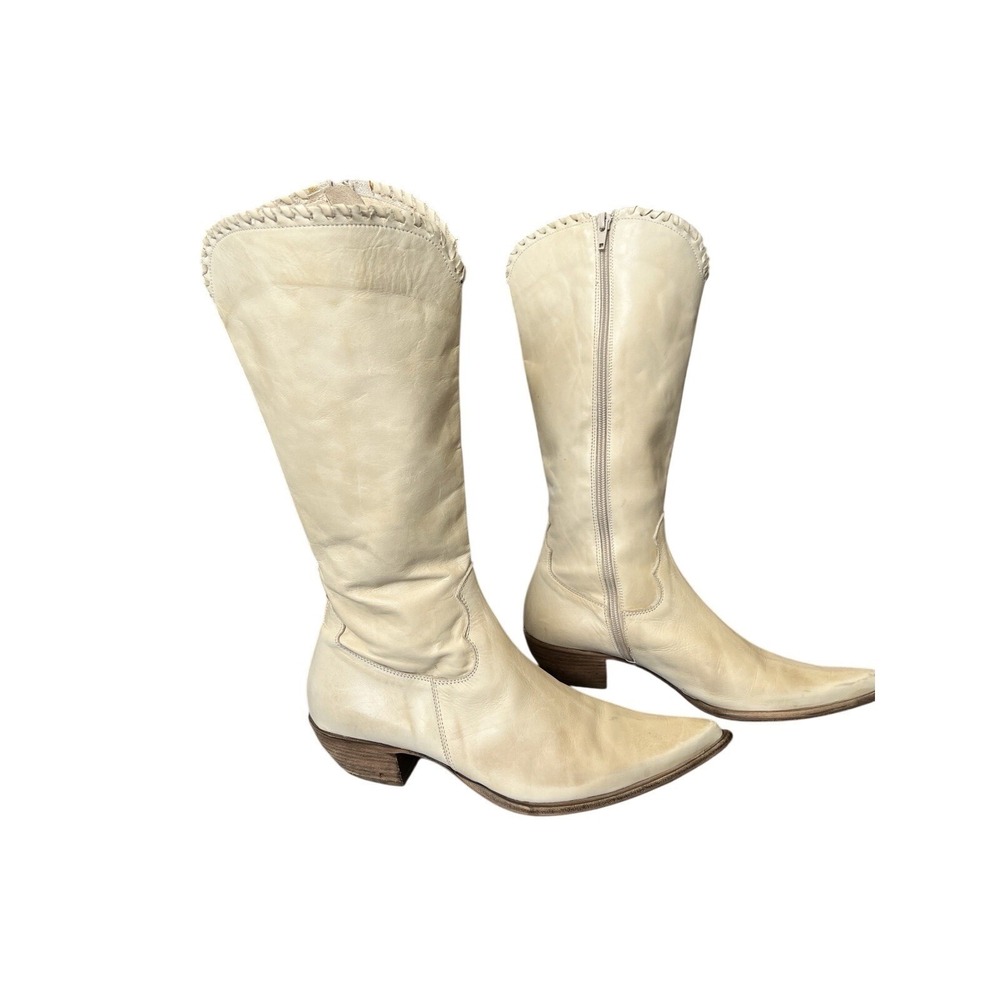 Vintage Pointed Toe Cream Italian Leather Western Boots Stacked Heel Zip Up 9 - Picture 4 of 16